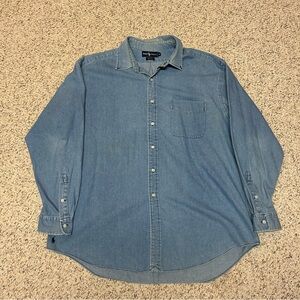 Vintage Ralph Lauren Big Shirt Men's XL Blue Denim Black Pony Button Down 90’s